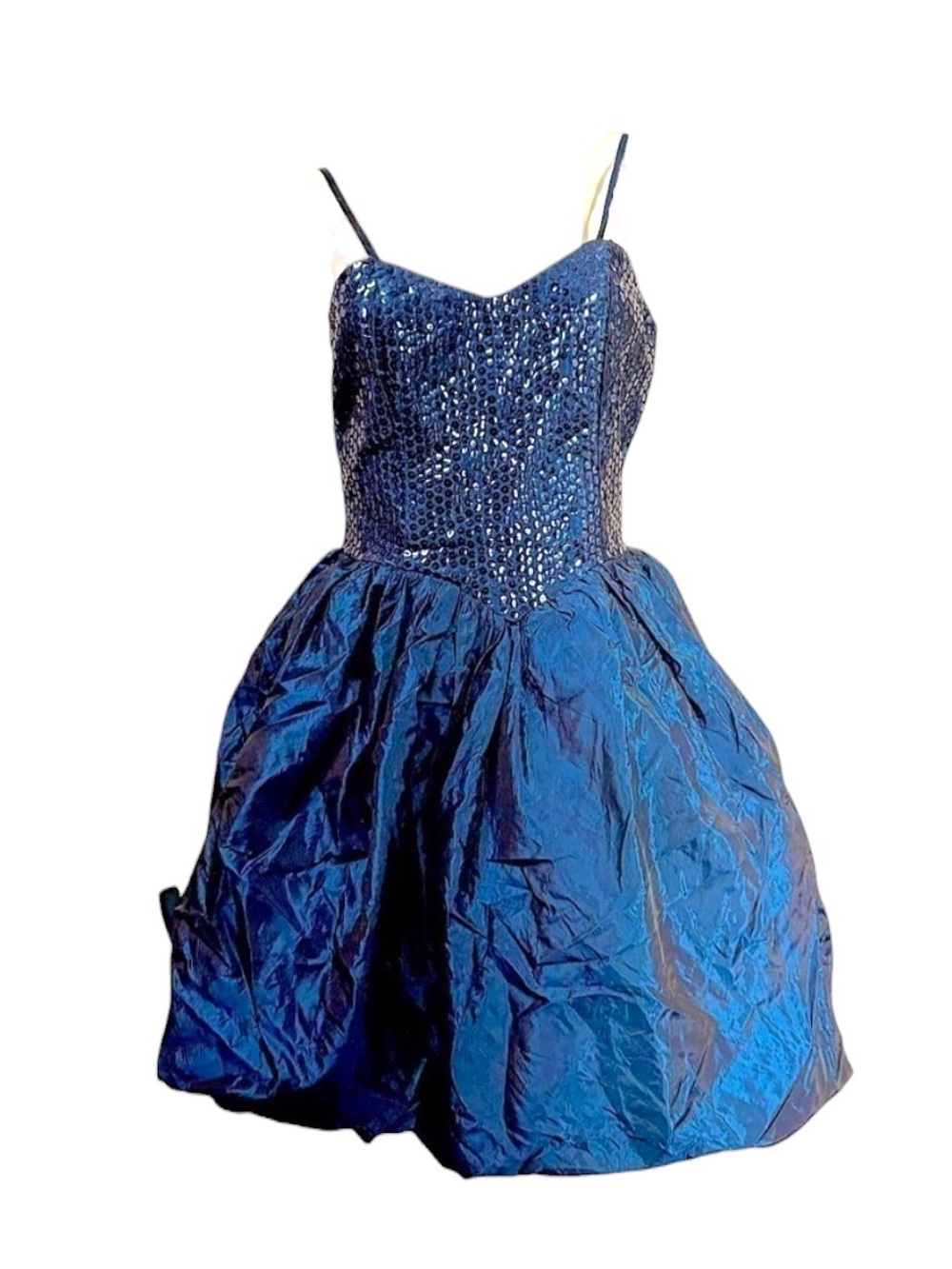 Vintage 80’s Blue Prom Dress Short Bubble Hem Taffeta Sparkle Sequins Sleeveless
